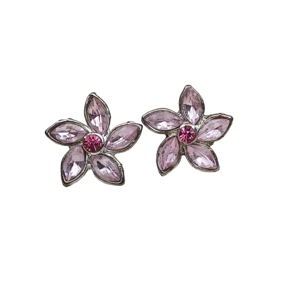 Pink and Silver Flower Post Earrings - Picture 4 of 6